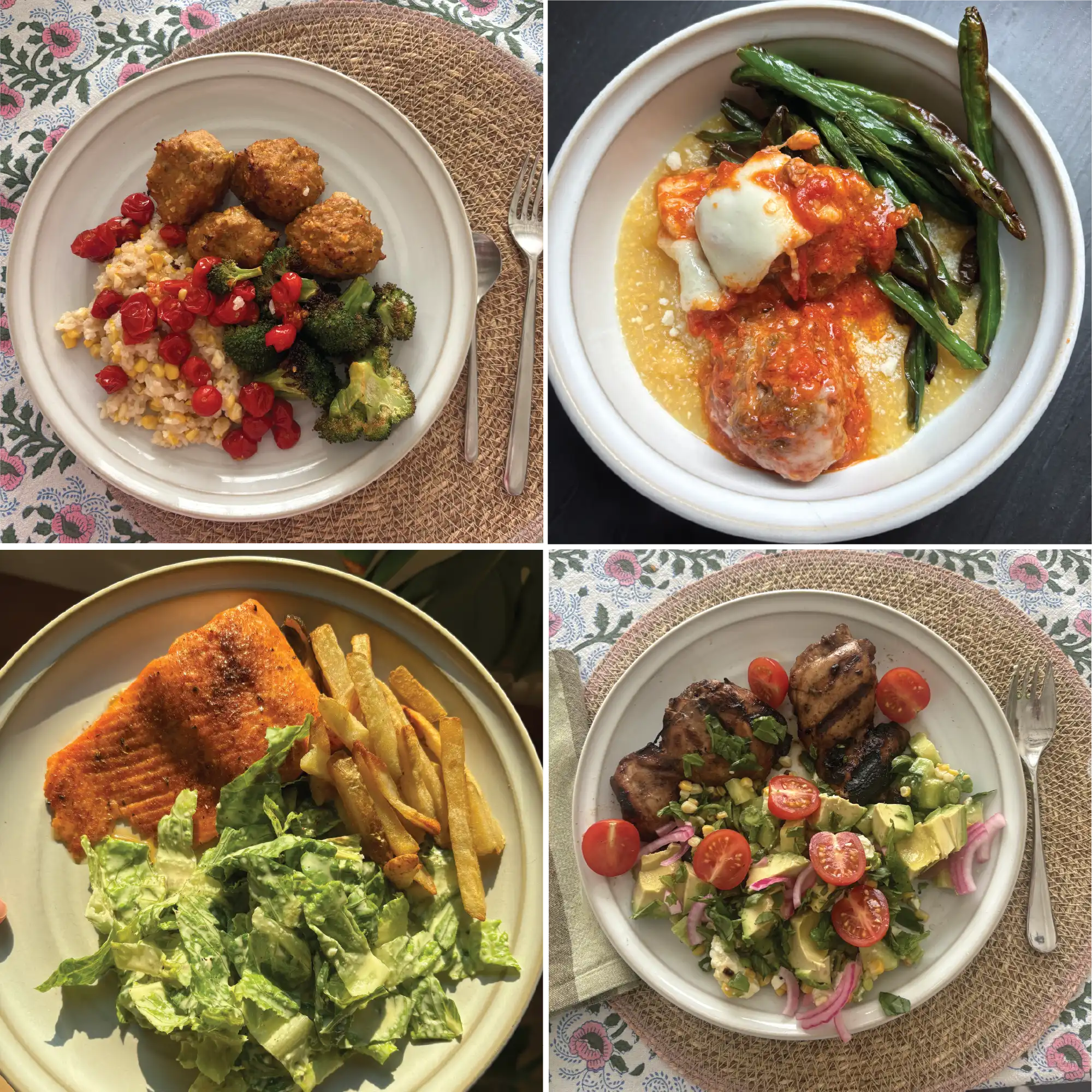 Four easy kid-friendly family dinners including salmon, meatballs, chicken and seasonal vegetables