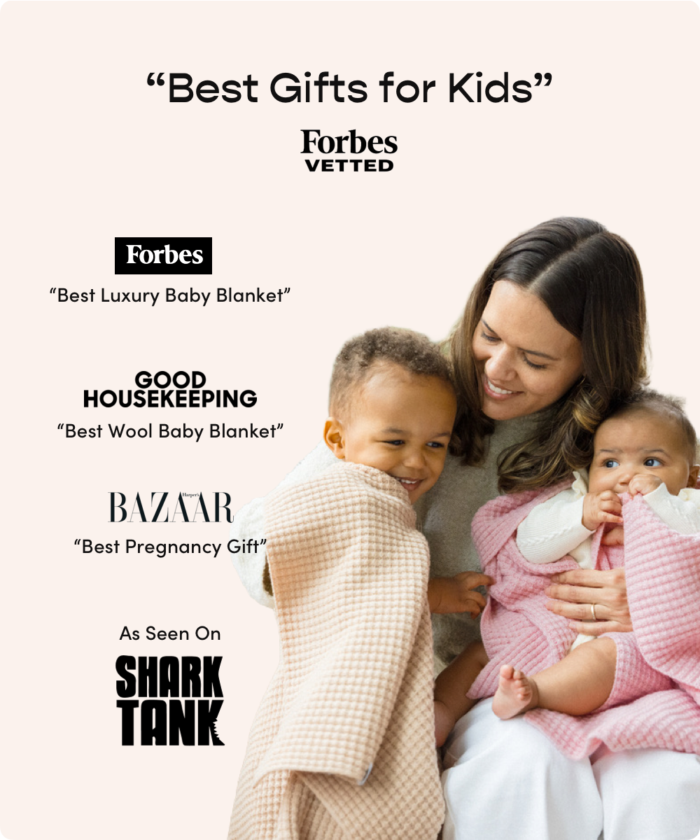 AU Baby luxury merino wool baby blankets featured in Forbes, Good Housekeeping and Harper’s Bazaar as Best Luxury Baby Blanket and Best Pregnancy Gift, shown with mother and children wrapped in soft popcorn knit blankets.