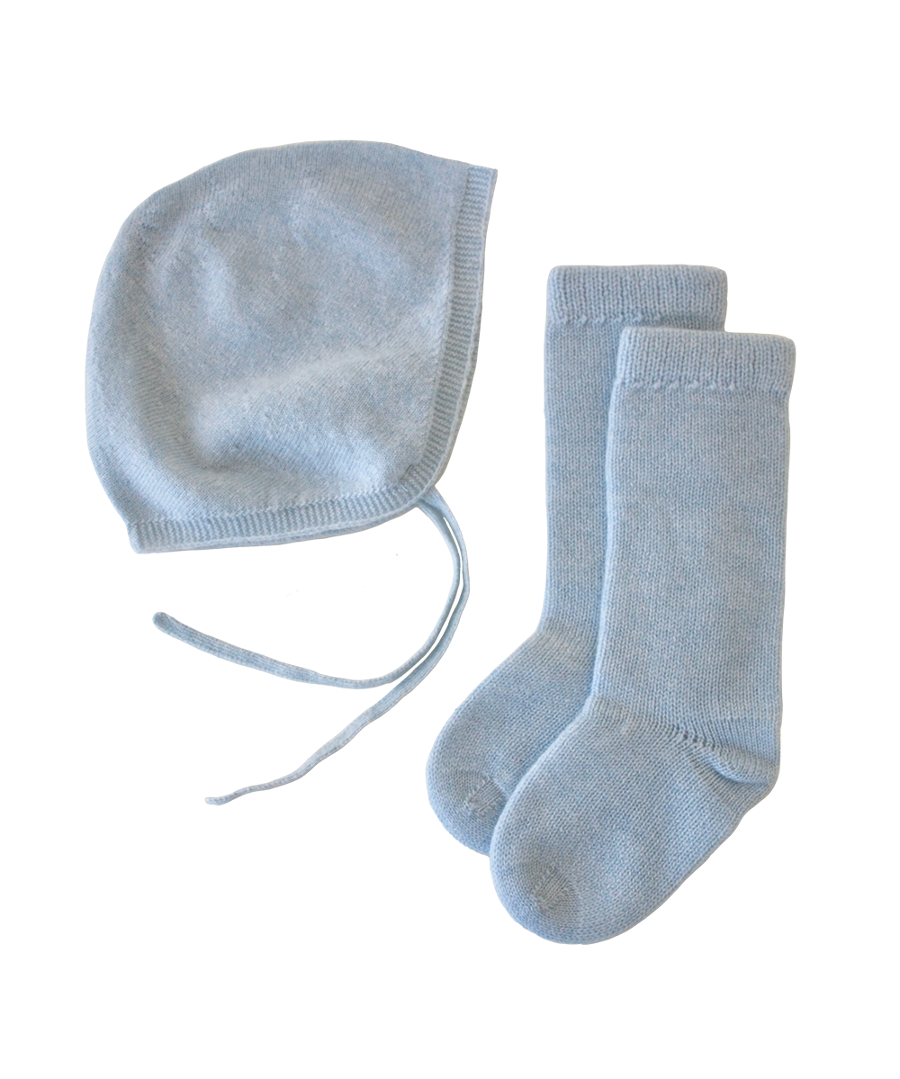 Cashmere Cloud Baby Bonnet + Socks Gift Set - Hydrangea Blue – soft baby accessory, gentle on sensitive skin, safe for eczema, luxury baby boy gift