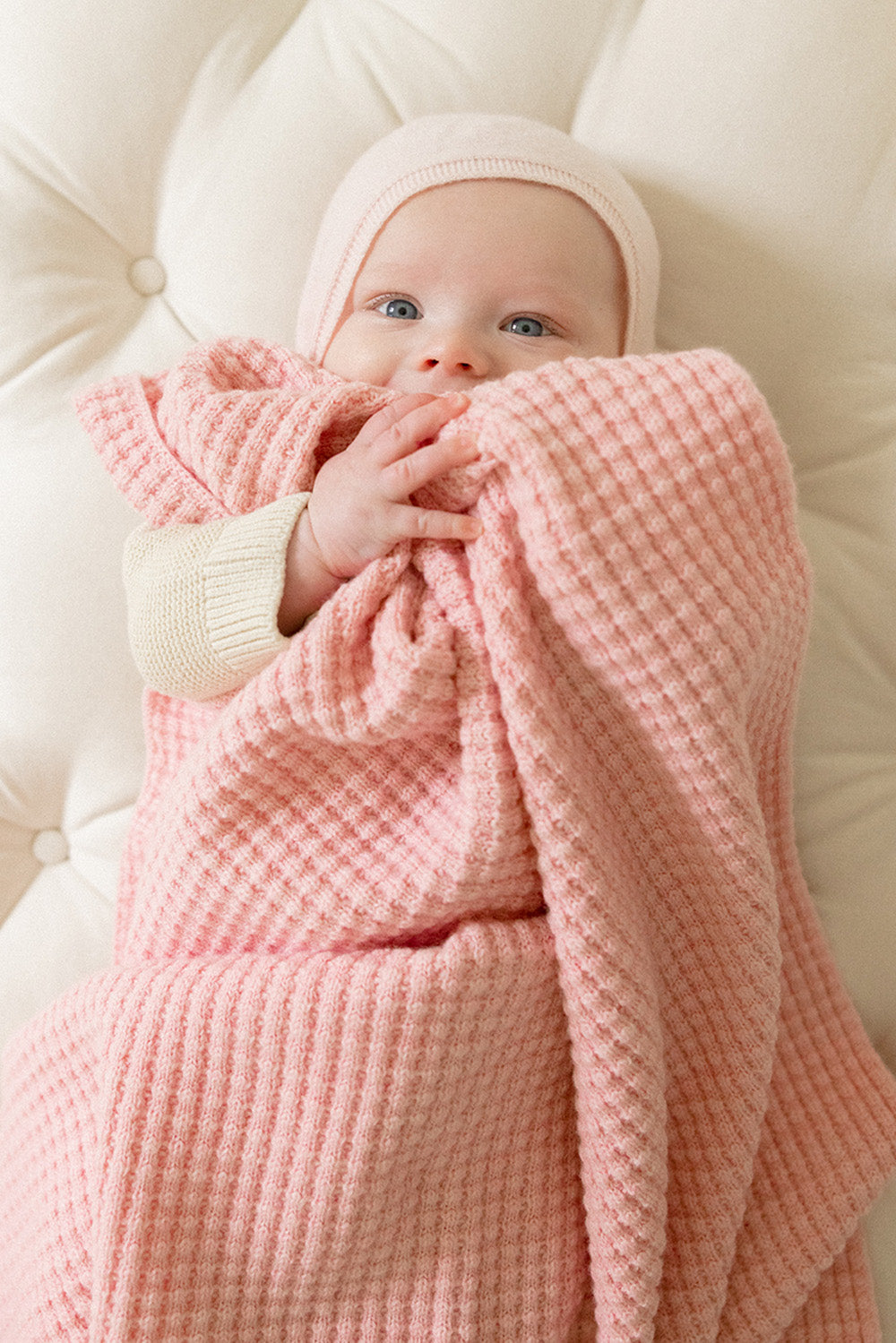 The Popcorn Blanket - Pink Quartz – Popcorn heirloom merino baby blanket, breathable, naturally plant-dyed, safe for eczema and sensitive skin, FSA/HSA eligible, luxury newborn gift