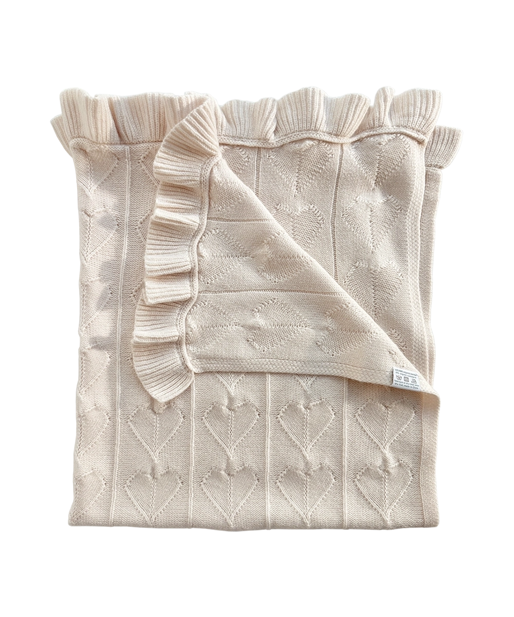AU Baby Little Love baby blanket in Cloud.  pale beige, heart-patterned baby blanket with ruffled edges made in organic cashmere and merino.